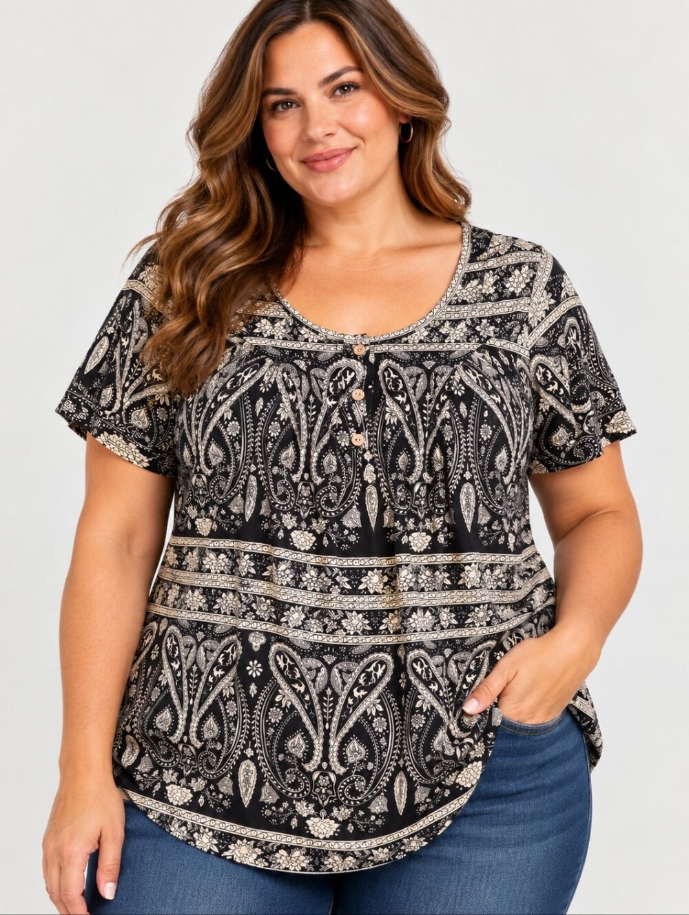 CPOKRTWSC Plus Size 4X Paisley Floral Boho Short Sleeve Tunic Blouse Black Cream